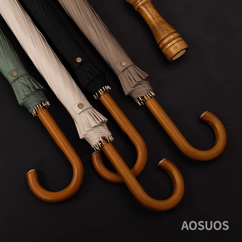 Extra Large 16-Bone Umbrella with Long Handle for Men, Thickeneded and Reinforced, Strong Wind-Resistant and Rain-Proof, Women's Retro Wooden Double Umbrella