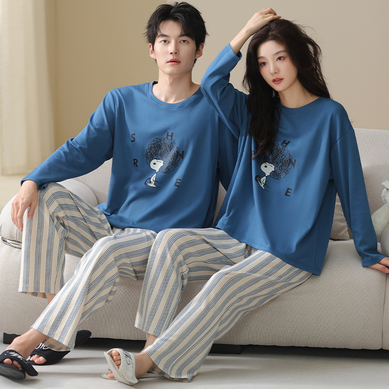 Pajamas Couple Outfit for One Man and One Woman Spring and Autum Thickeneded Modal Cotton Long-Sleeved Youth Cartoon Autum Home Wear Set