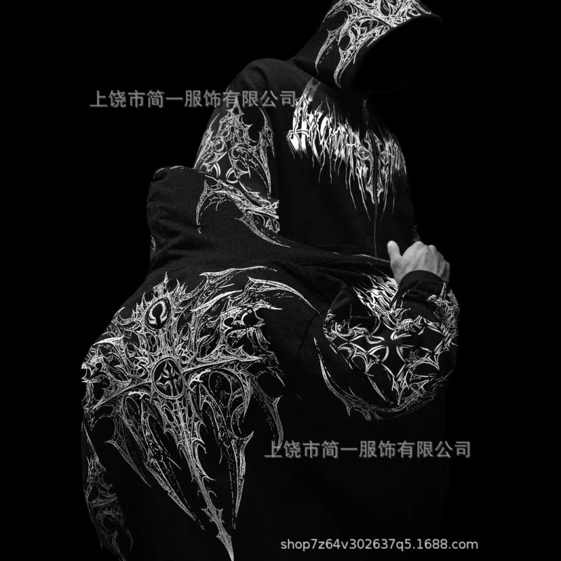 Cross-border foreign trade American heavy metal style red and black thorn skull print zip-up hoodie, loose casual sweatshirt