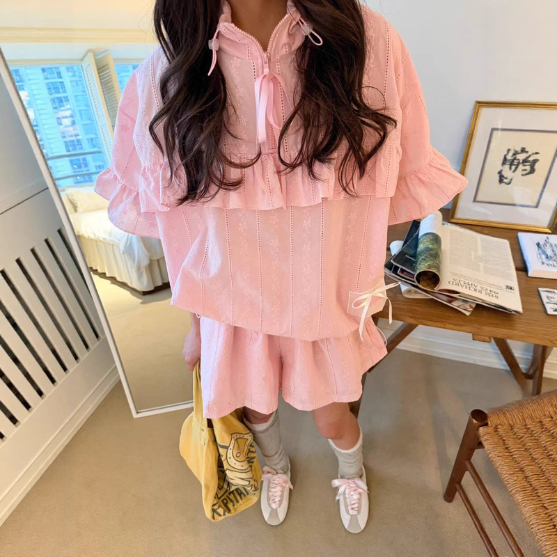 2026 New Summer Women's Fashion Sweet and Stylish Short-Sleeve Shirt with Bow and Elastic Waist Shorts from Dongdaemun, Korea