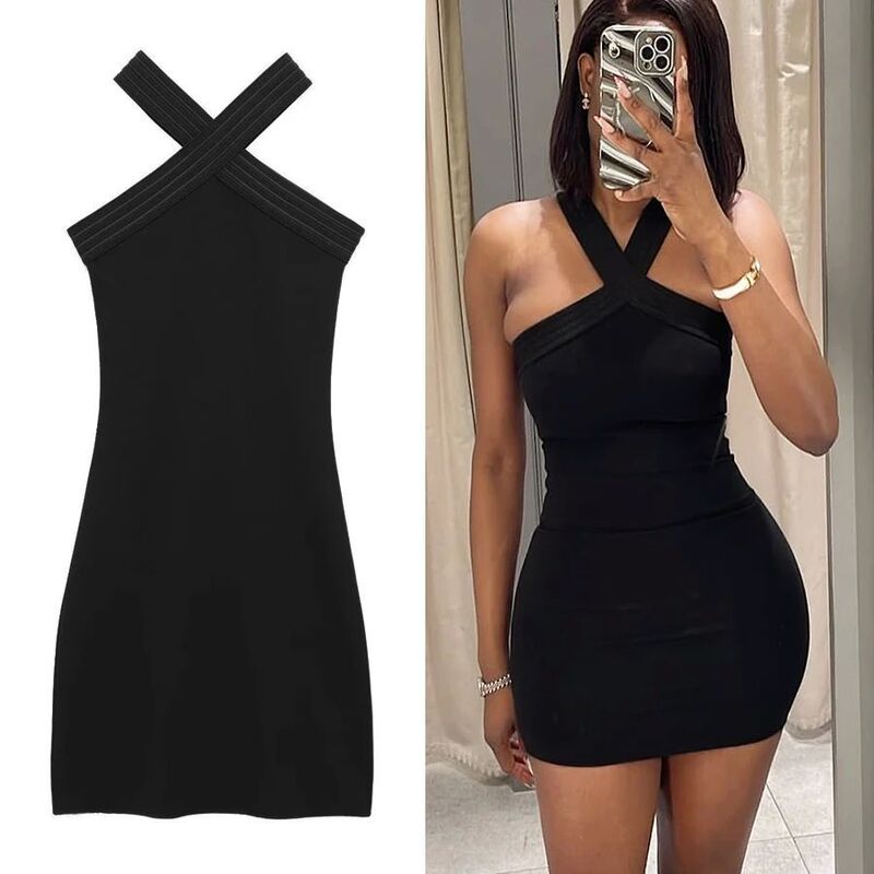 Hxao Women's Black Strap Mini Sleeveless Dress Off-Shoulder Bodycon Sexy Party Dress