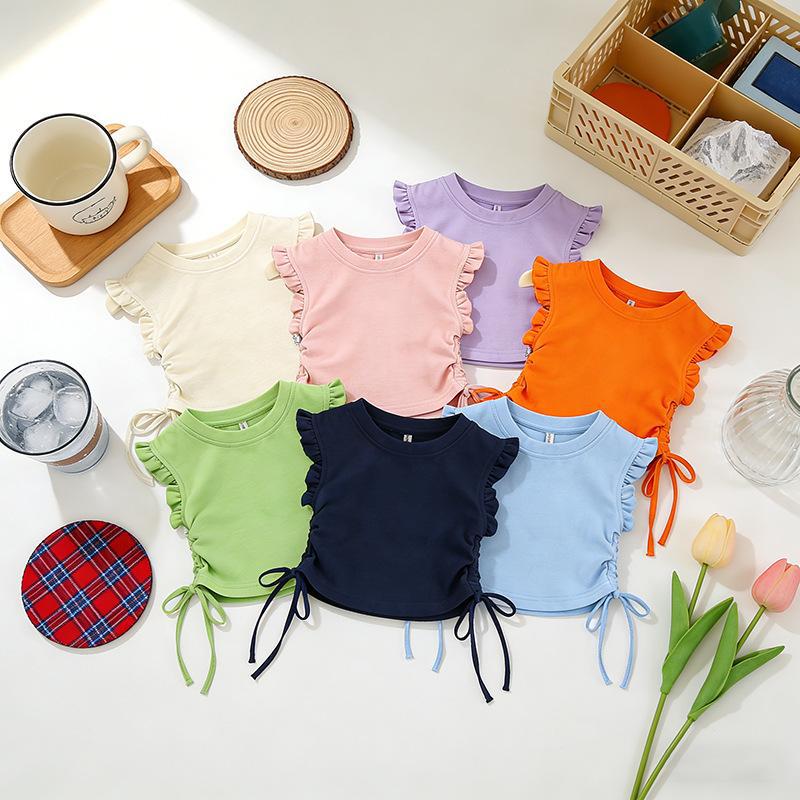 Girls' short-sleeved top, solid color, versatile, stylish, cute, drawstring, dopamine T-shirt for summer.