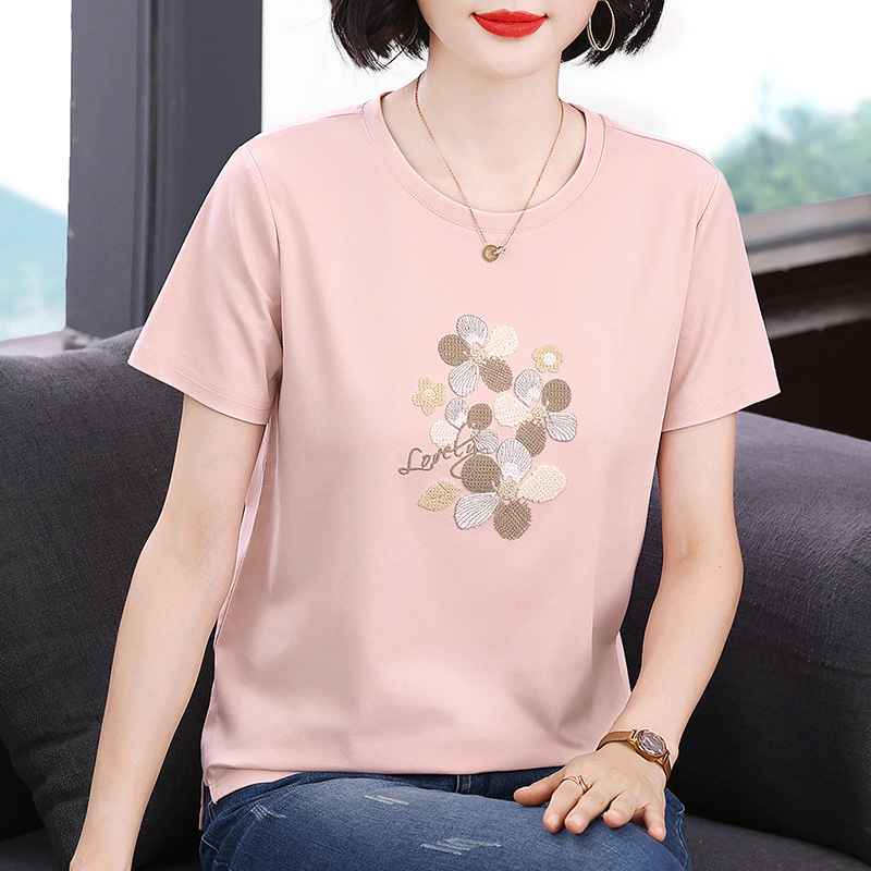 Summer New Style Loose Casual Top Cotton Versatile Elegant Purple Embroidered Comfortable Round Neck Short-Sleeved T-Shirt for Women Plus Size