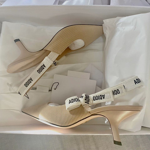 新款d家字母带蝴蝶结猫跟高跟鞋针织条纹尖头浅口后空凉鞋女