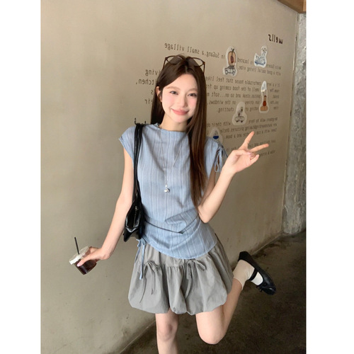 Blue French stripe drawstring strap shirt for women 2025 summer new sweet style trendy sleeveless top