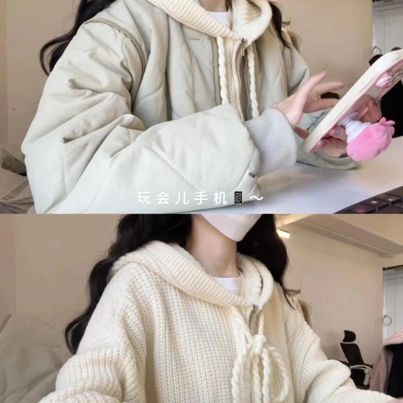 Autumn white knitted sweater with hood