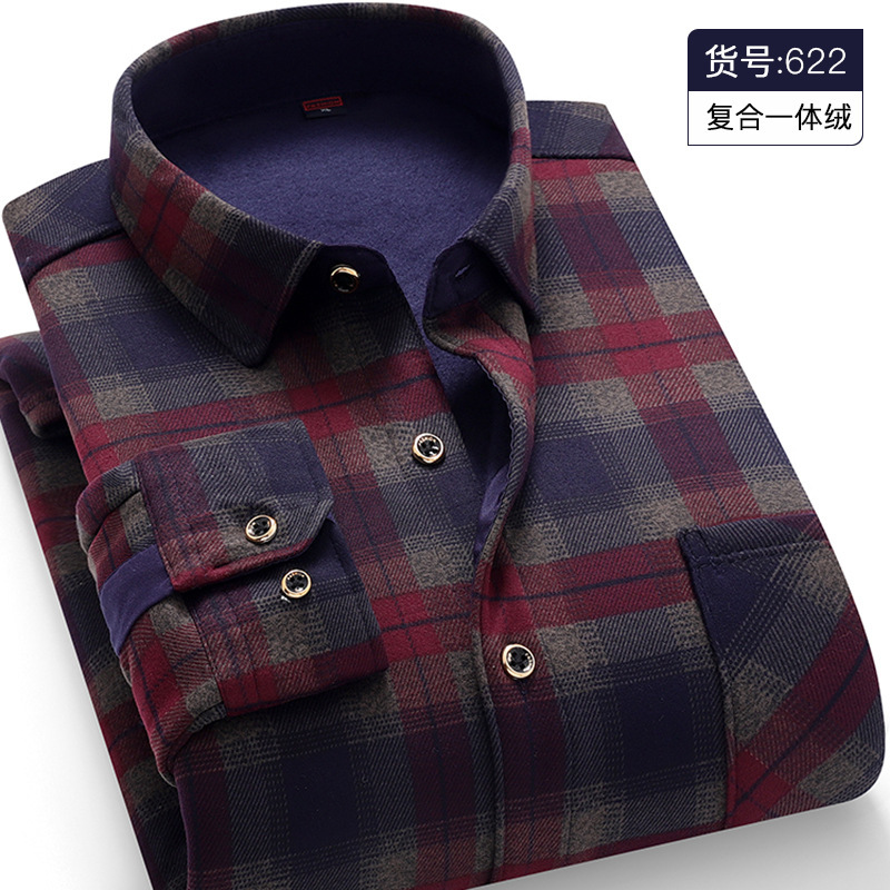 2025秋冬メンズ厚手裏起毛シャツ保温チェック柄長袖シャツ紳士服高級ストレッチミルクシルク|undefined
