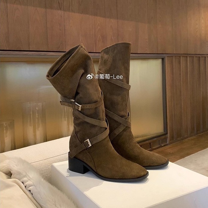 Putao Ma, high boots heels, increase height by 7 cm, round toe, mid-length
