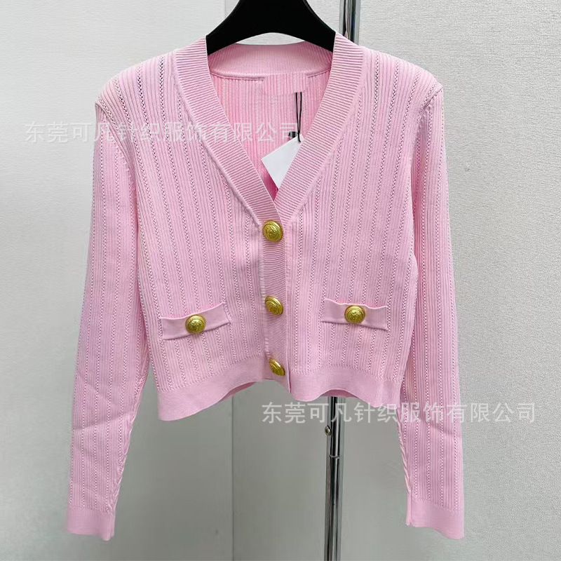 Balmain Early Autumn Knitted V-Neck Long-Sleeved Thin Cardigan Women's Coat 2024 Elegant Thin Short Coat