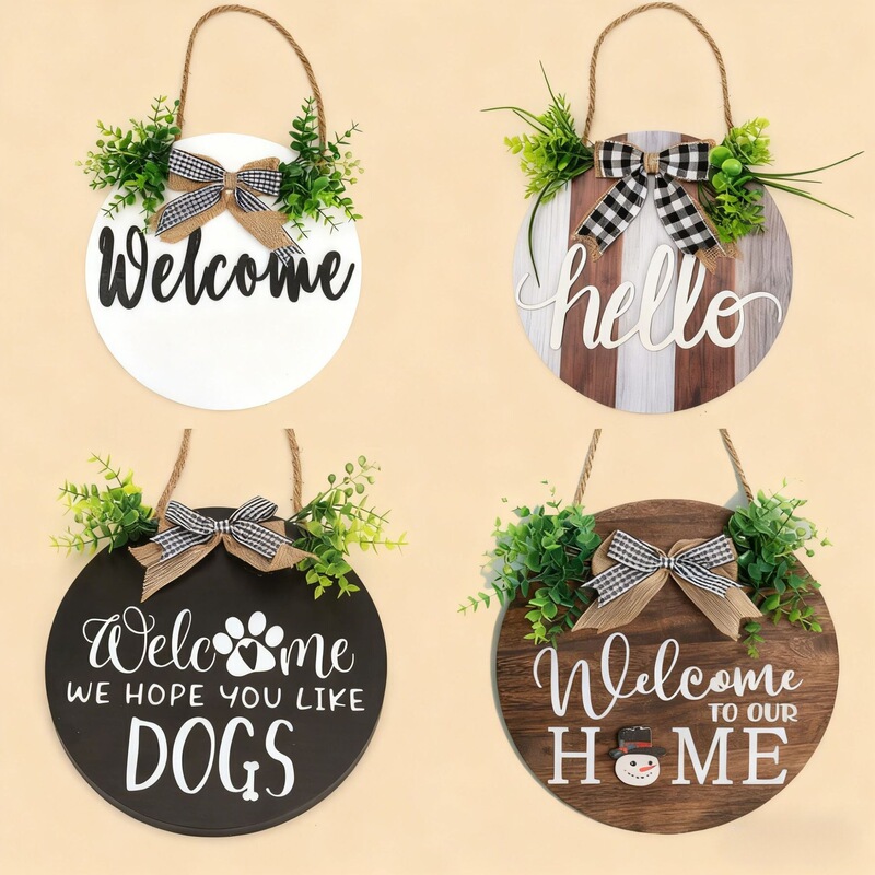 Modern Style Hello Wreath Front Door Decoration Round Welcome Wooden Sign with Bow Wooden Door Sign Wholesale Modern Style Hello Wreath Front Door Decoration Round Welcome Wooden Sign with Bow Wooden Door Sign Wholesale