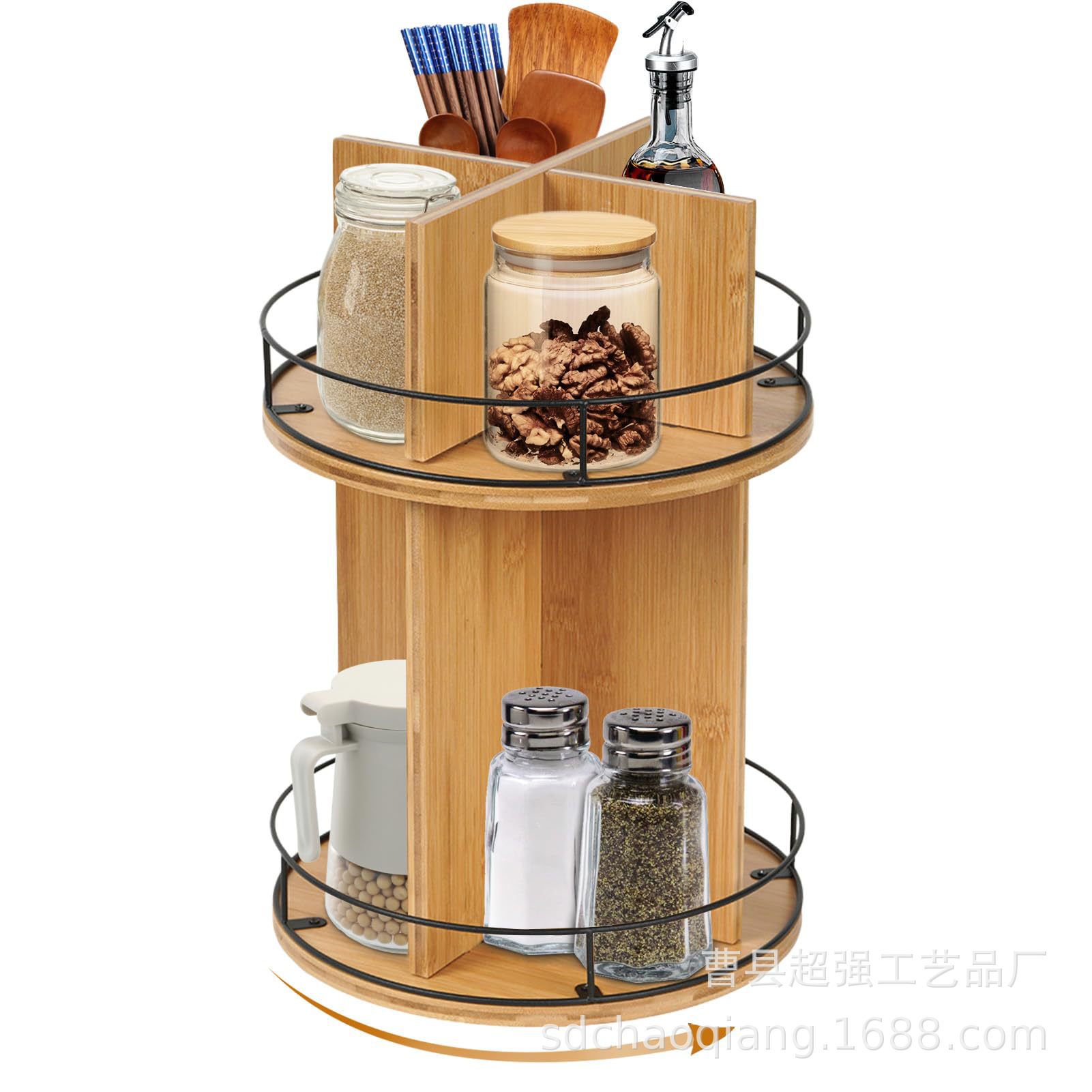 Wooden rotatable seasoning rack Countertop style seasoning bottle spice jar storage rack Double layer cosmetic toiletries rack