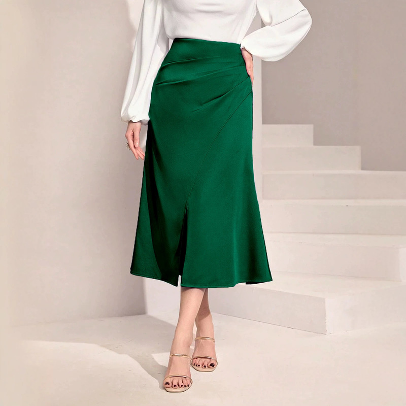 Clearance Sale Cross-Border Women's High-Waisted Satin Pleated Slit Long Skirt, European and American Style Solid Color Half Skirt with Zipper, Mermaid Bodycon Skirt Clearance Sale Cross-Border Women's High-Waisted Satin Pleated Slit Long Skirt, European and American Style Solid Color Half Skirt with Zipper, Mermaid Bodycon Skirt