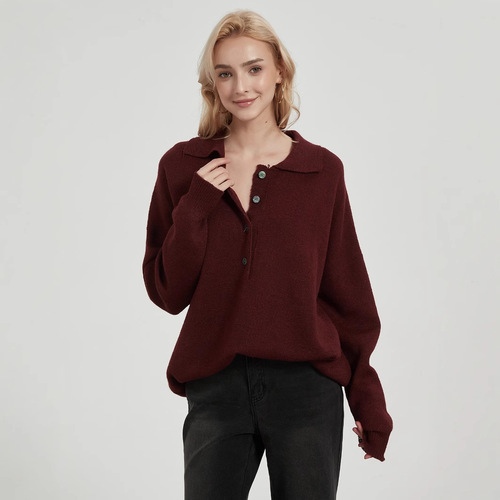 Women's Loose Polo Neck Knit Sweater, Western Style Fashion, Autumn Encore, Red