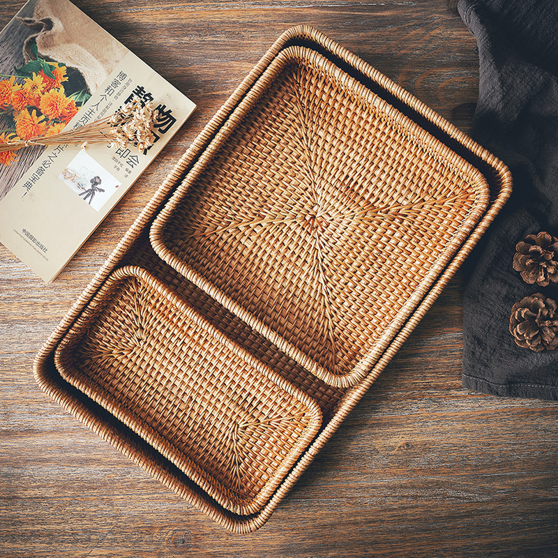 Bandeja casera de ratán, mesa de comedor, taza de té, taza de agua, bandeja de té de almacenamiento, sala de estar grande, bandeja de pastelería rectangular, plato de frutas para bocadillos