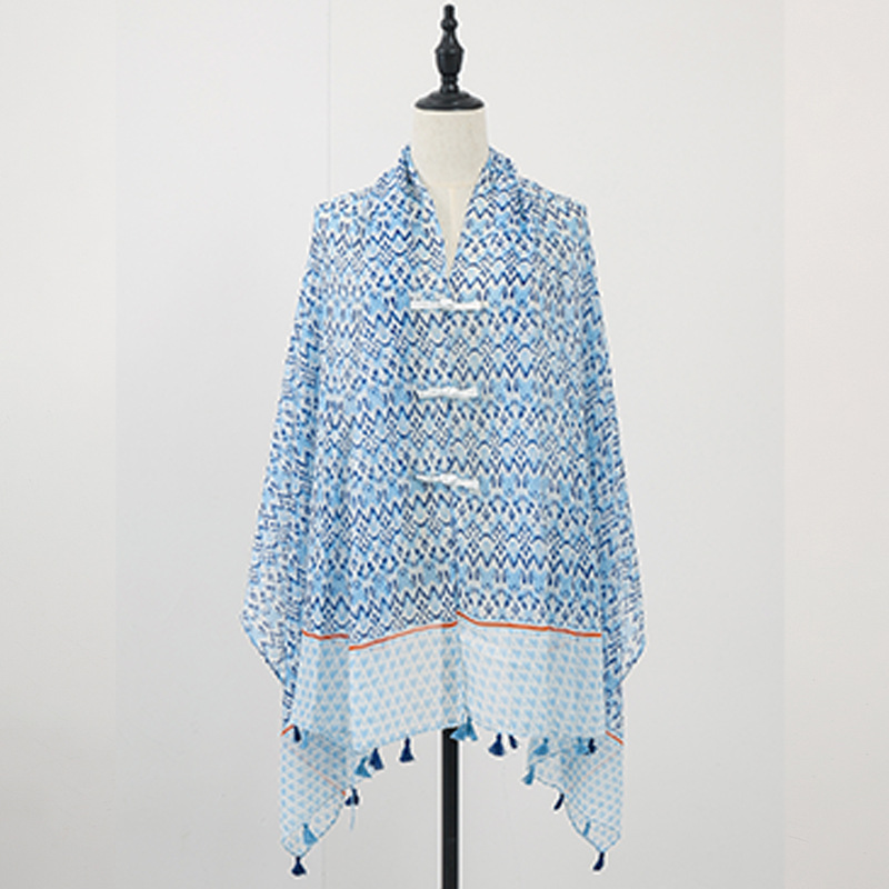 Chal de verano con falda, estampado de verano, nuevo estilo chino, bufanda de seda con hebilla, chal de protección solar, chaleco pequeño