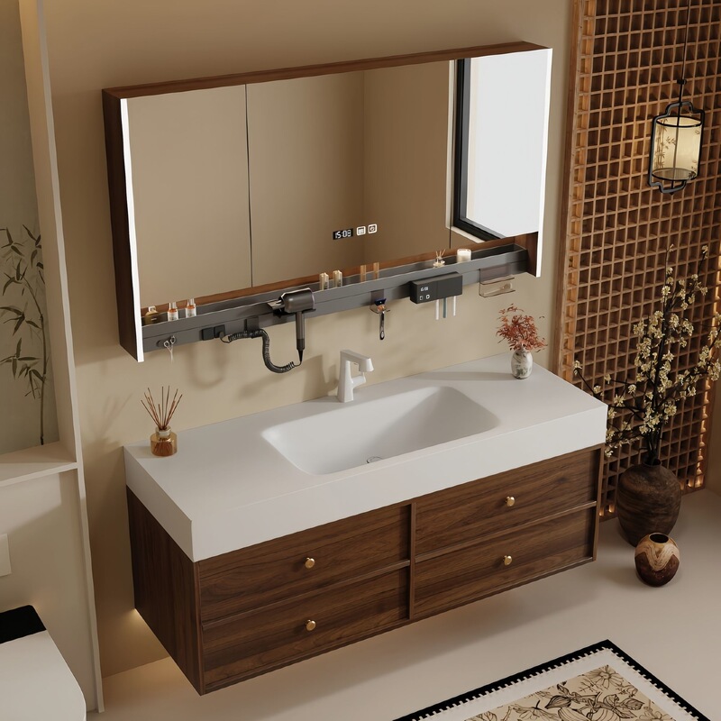 Retro Skeleton Washbasin Cabinet Set with Integrated Hot-Bent Rock Slab Washbasin, Antique-Style Bathroom Cabinet Retro Skeleton Washbasin Cabinet Set with Integrated Hot-Bent Rock Slab Washbasin, Antique-Style Bathroom Cabinet