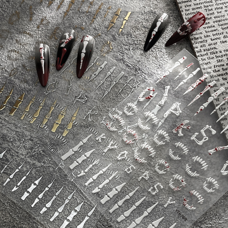Halloween White Bone Nail Art Stickers Simple Style Embossed Skeleton Teeth Bronzing with Adhesive Nail Stickers Decoration Wholesale