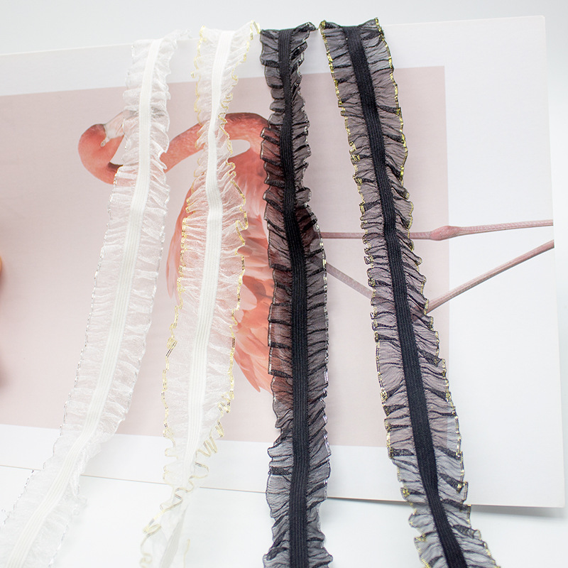 现货25mm弹力金丝边纱带花边带透明纱银丝边木耳带皱褶松紧带雪纱