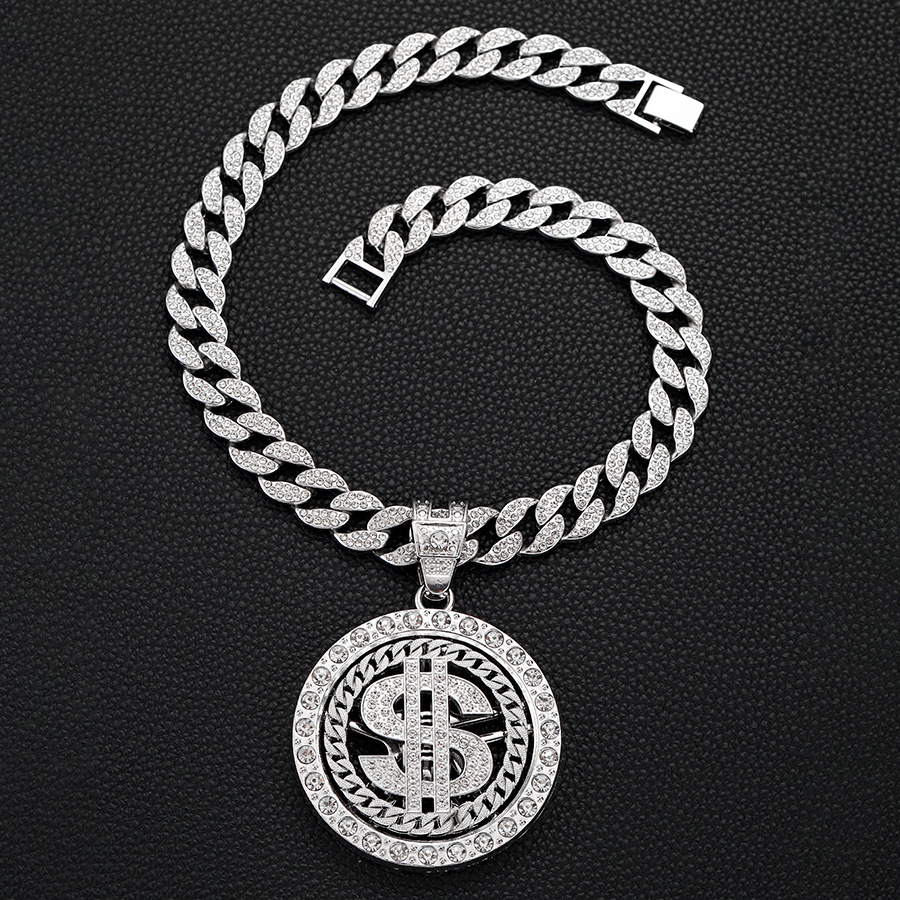 Rhinestones Inlay Material Pendant Necklace, Necklace Pendant Classification Hip-Hop Round Dollar Alloy Inlay Rhinestones Unisex Pendant Necklace Necklace Pendant Men Pendant Necklaces
