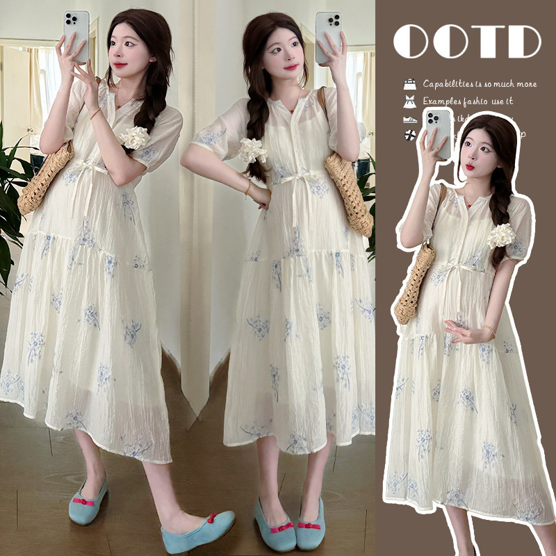Real shot in stock 2025 summer new pregnant women French gentle style temperament slim collar dress