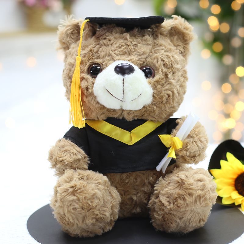 Venta al por mayor de uniformes de licenciatura, maestría, oso de doctorado, juguete de peluche, muñeca de oso graduado, muñeca de trapo impresa, regalo de graduación