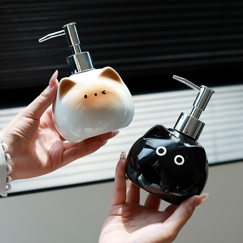 Botella de desinfectante de manos de cerámica Botella de gel de ducha Botella vacía de presión Botella de loción Botella de champú Botella de empaque lindo gato