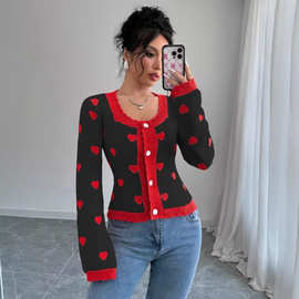 跨境爆款红黑撞色爱心印花针织开衫女甜辣风木耳边短款毛衣外套