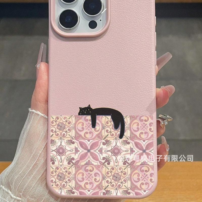 Tile-Patterned Lazy Cat 18Pro Case Suitable for iPhone 16 Pro Max, Apple 15, Simple 14, European and American Style 17 Imitation