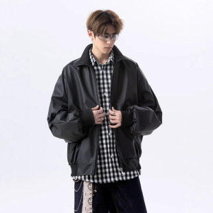 Hong Kong Style Loose PU Leather Jacket Men's Spring and Autumn Fashion Brand Biker Jacket American Fashionable Baseball Jacket