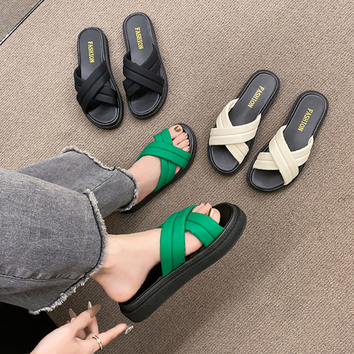 Women's slippers。42码厚底拖鞋女2024夏秋季新款圆头一字沙滩鞋