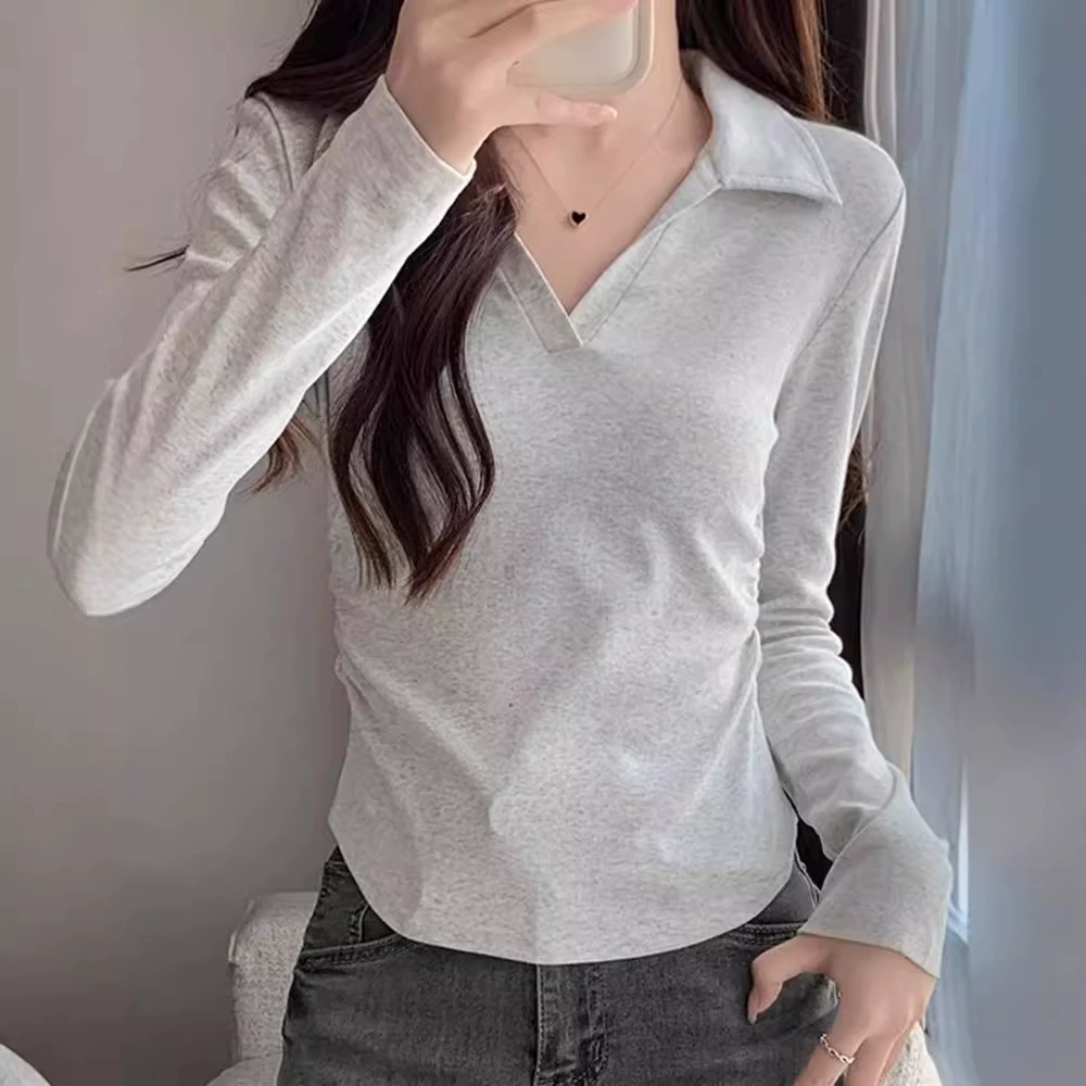 Серая талия с V-образным вырезом на плече с длинными рукавами, нижняя рубашка женская осень