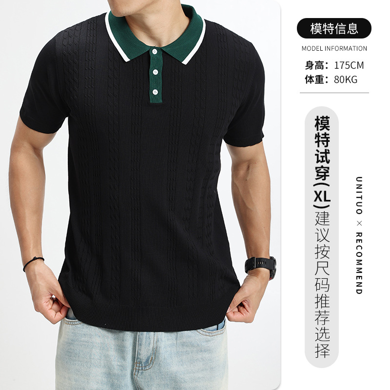 2026 verano nuevo hombre polo de punto de color contraste manga corta con collar de tela de corteza texturas de negocios chaqueta casual para hombre