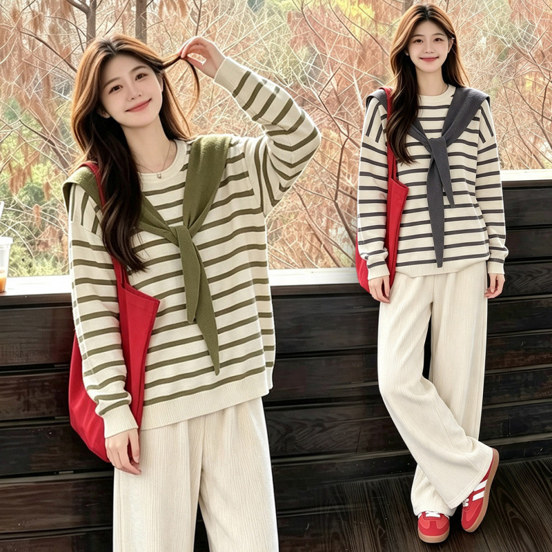 Maternity autumn outfit Korean style shawl tie striped loose base top long-sleeve knitted sweater two-piece set