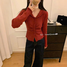 秋冬新款木耳边褶皱修身显瘦针织开衫女圣诞节日甜辣妹小个子毛衣