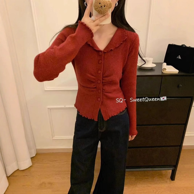 Autumn and Winter New Arrival Ear-rimmed Pleated Slim-fit Slim-fit Knitted Cardigan Women's Christmas Holiday Sweet Spice Girl Little Sweater