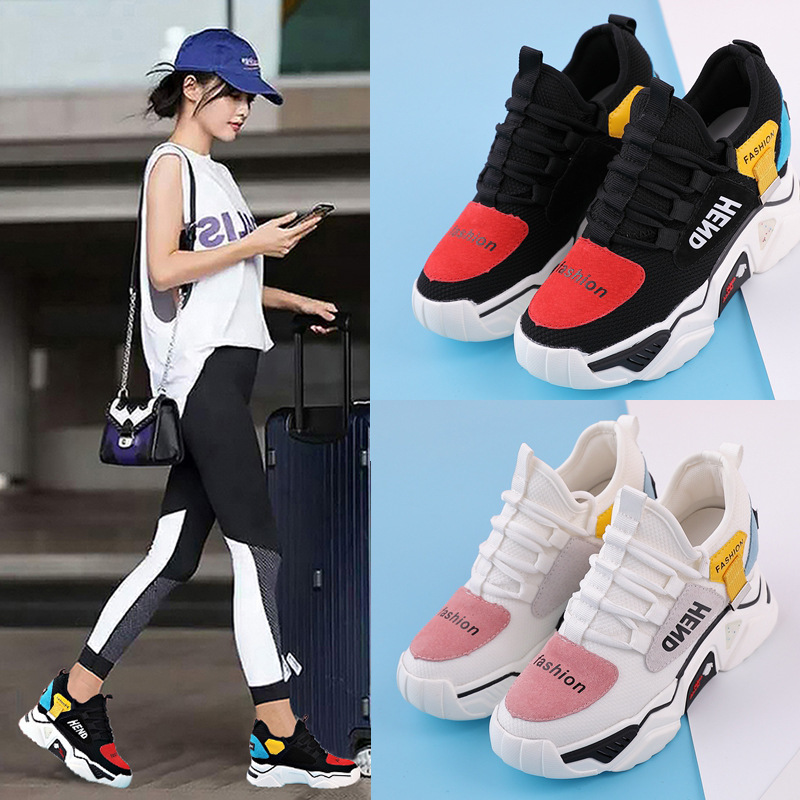 Genuine Leather Breathable Dad Shoes 2024 Autum New Korean Style Versatile Casual Sports Shoes Women's Casual Inner Heightening Mesh Shoes