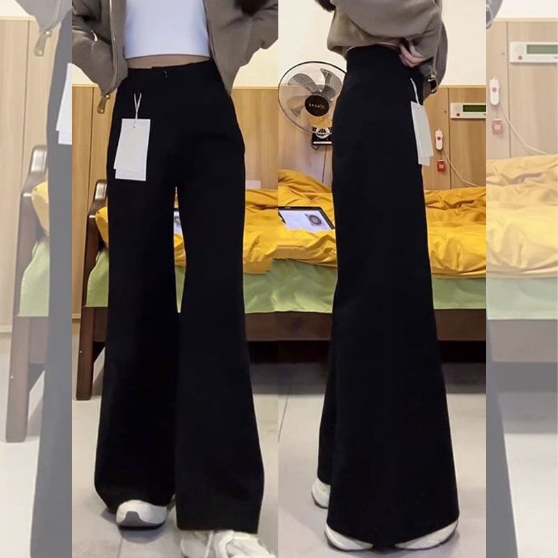 黑色微喇阔腿牛仔裤女秋季新款大码胖mm宽松显瘦梨形身材喇叭裤子|undefined