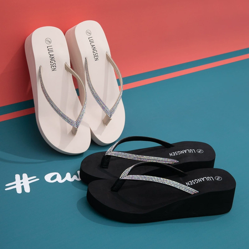 Новые трансграничные летние шлепанцы с цветными ромбовидными тапочками в елочку для женщин, модные и высококачественные шлепанцы на платформе и толстой подошве для пляжа.