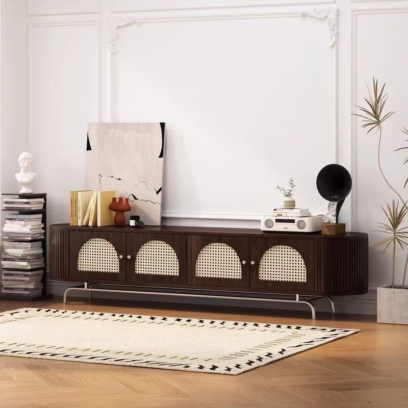 Solid Wood Rattan Coffee Table Tv Cabinet Retro Small Apartment Living Room French Combination Tv Floor-Standing Home Floor Cabinet