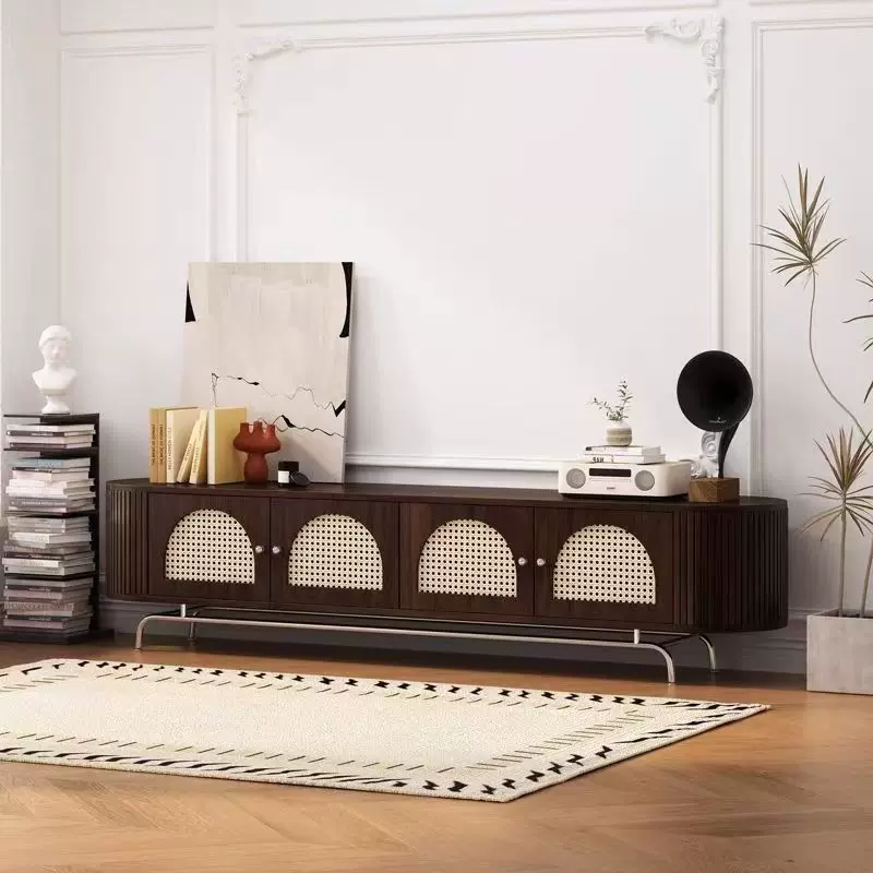 实木藤编式茶几电视柜复古小户型客厅法式组合电视机落地家用地柜