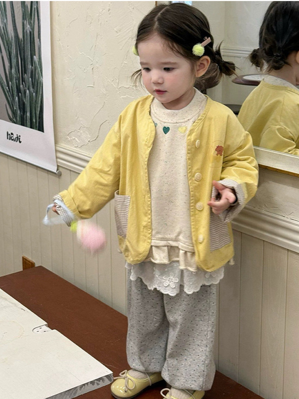 2025女童韩版秋装儿童黄色休闲外套爱心卫衣波点裤|undefined