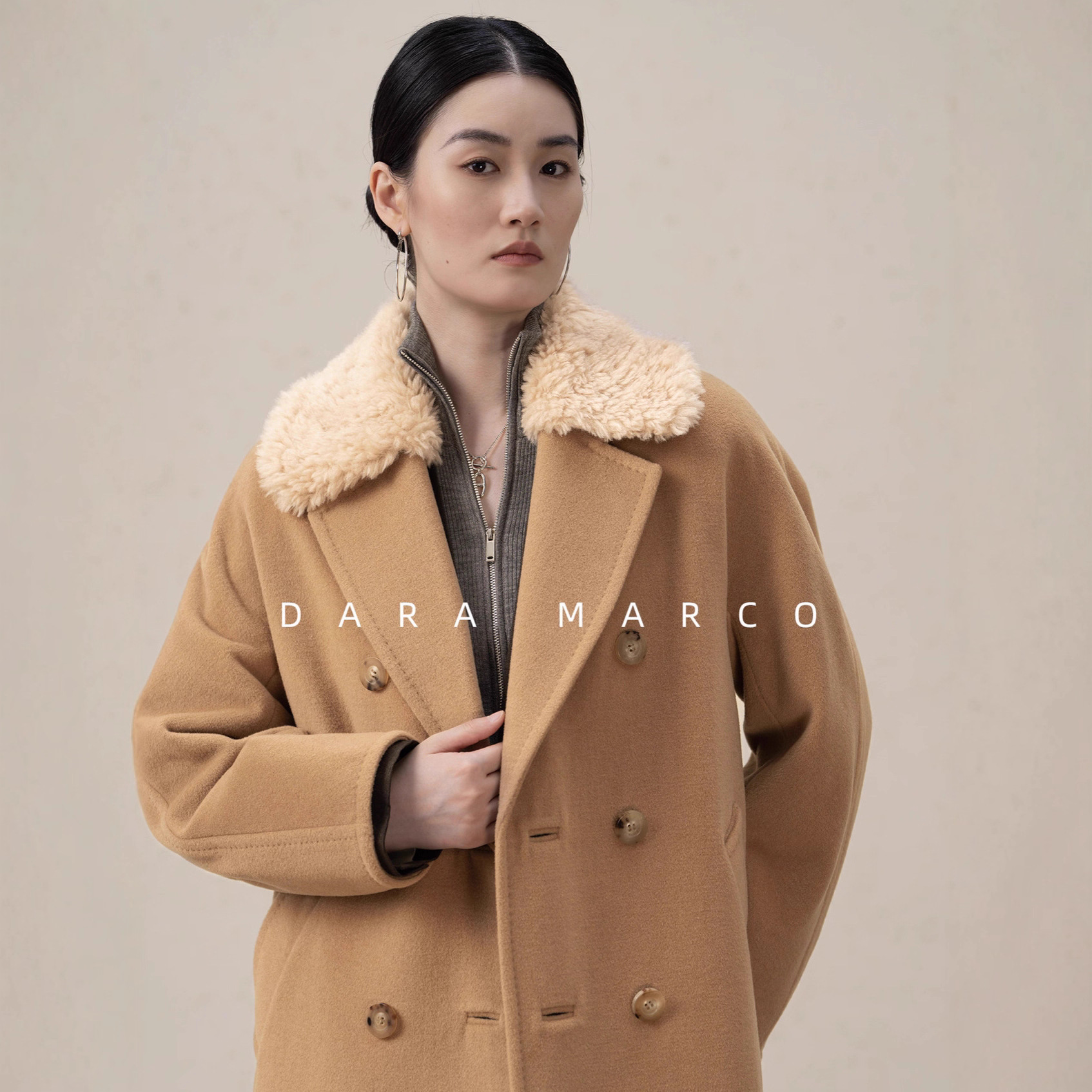 M Brand Iodine Wool Collar Cashmere Long Woolen Coat for Women, Autumn and Winter 801Plus Version Double-Breasted Cocoon-Shaped Coat