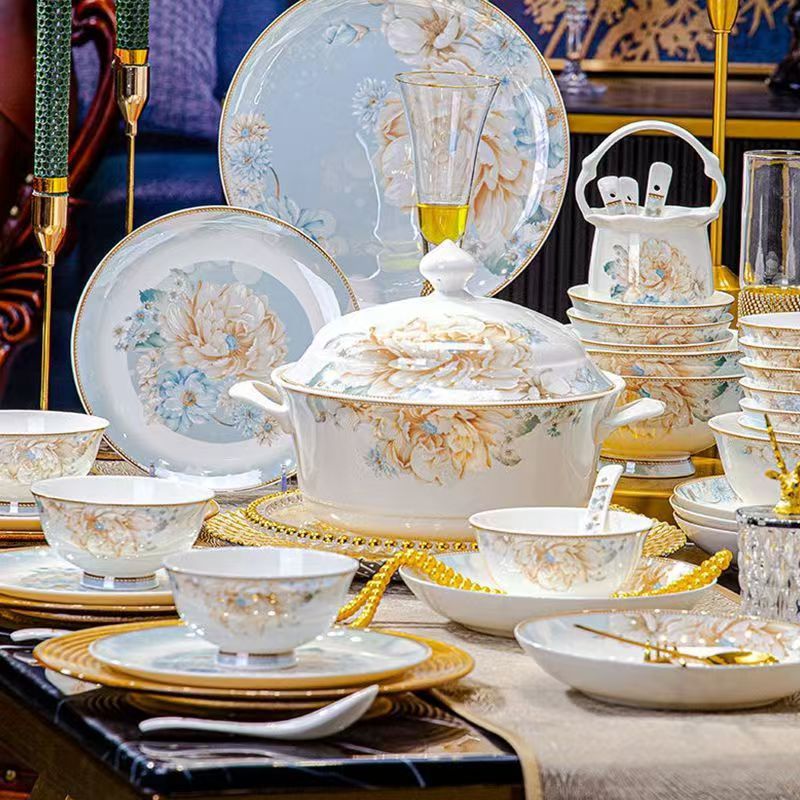 2026 Gift Wholesale Jingdezhen Ceramic Tableware Bowl and Plate Set Household Bowl and Chopsticks Chinese Style Bone China Bowl and Plate Combination