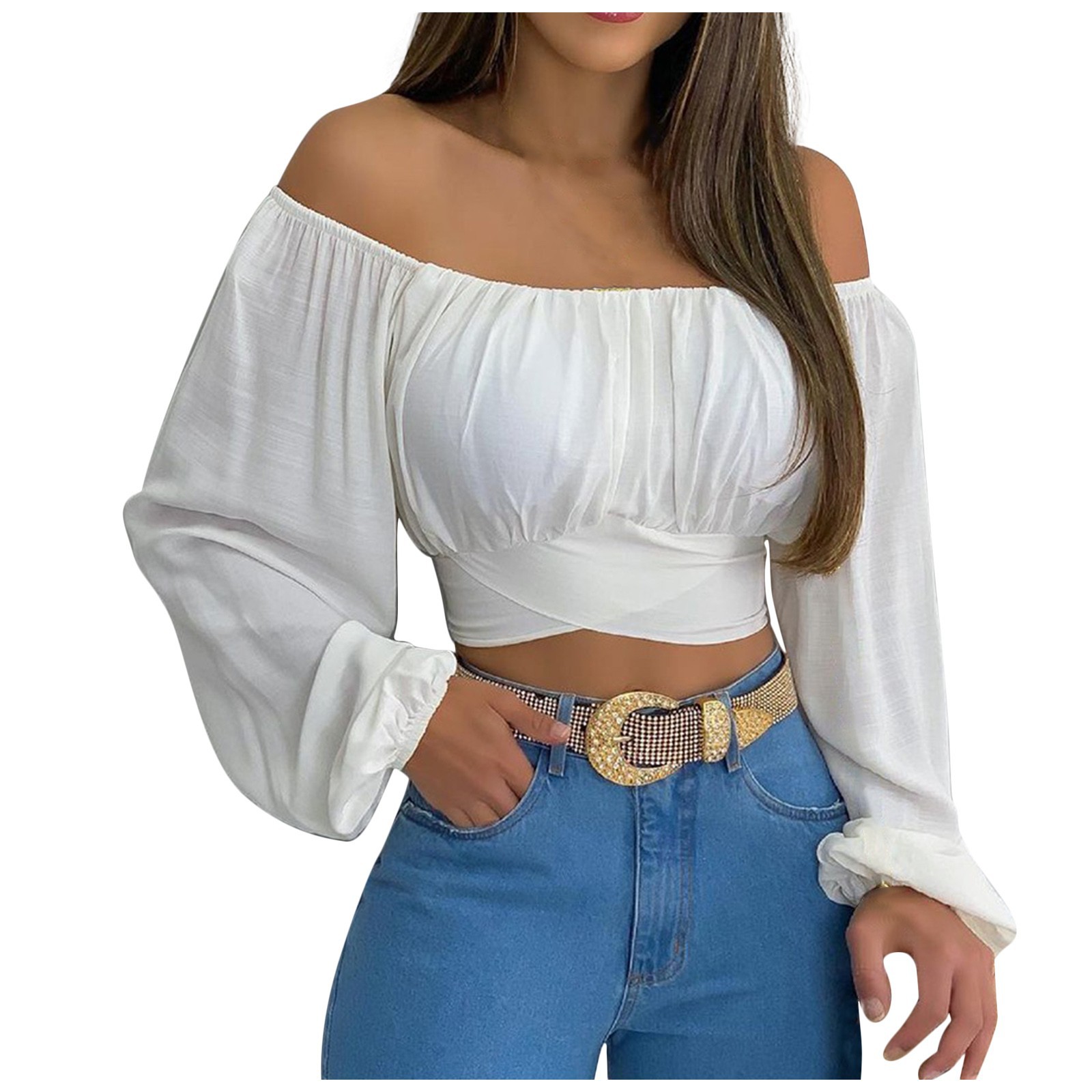 2021 Spring/Summer Women's Off Shoulder Cross Strap Long Sleeve Top_voghion.com