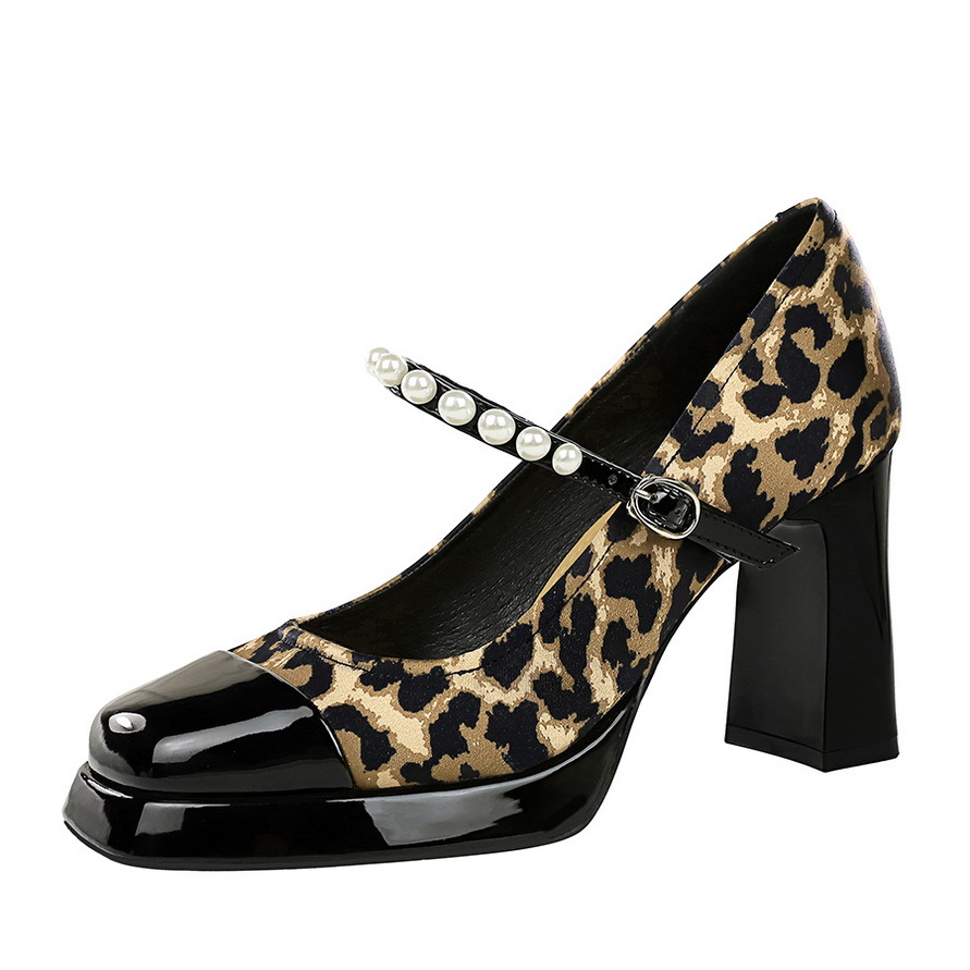 9988 Leopard Print High Women's Square Toe Waterproof Platform Bow Strap Pearl Color Block Chunky Heel Mary Jane Shoes_vogvips.com