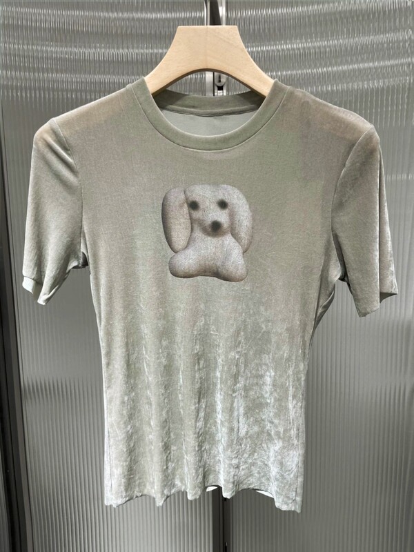 【在庫あり】ニッチ25夏ラウンドネックファッション植毛犬プリントカジュアル万能半袖Tシャツトップス女性用|undefined