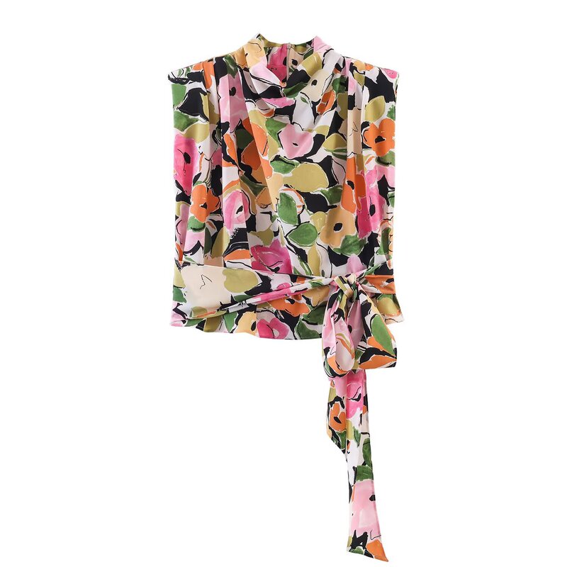 Foreign Trade Cross-Border Summer Women's Clothing European and American Style Fashion Simple Floral Print Shoulder Pad Belt Sleeveless Shirt Top Foreign Trade Cross-Border Summer Women's Clothing European and American Style Fashion Simple Floral Print Shoulder Pad Belt Sleeveless Shirt Top