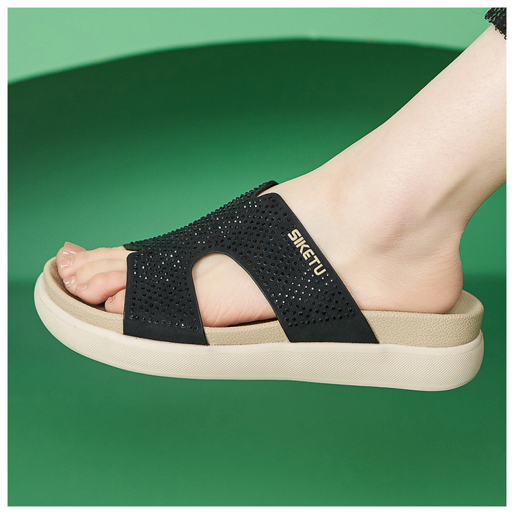 Dép sandal nữ xỏ ngón đế bệt đính đá lấp lánh phong cách Hàn Quốc — màu đen, màu hồng, màu mơ chi tiết 18