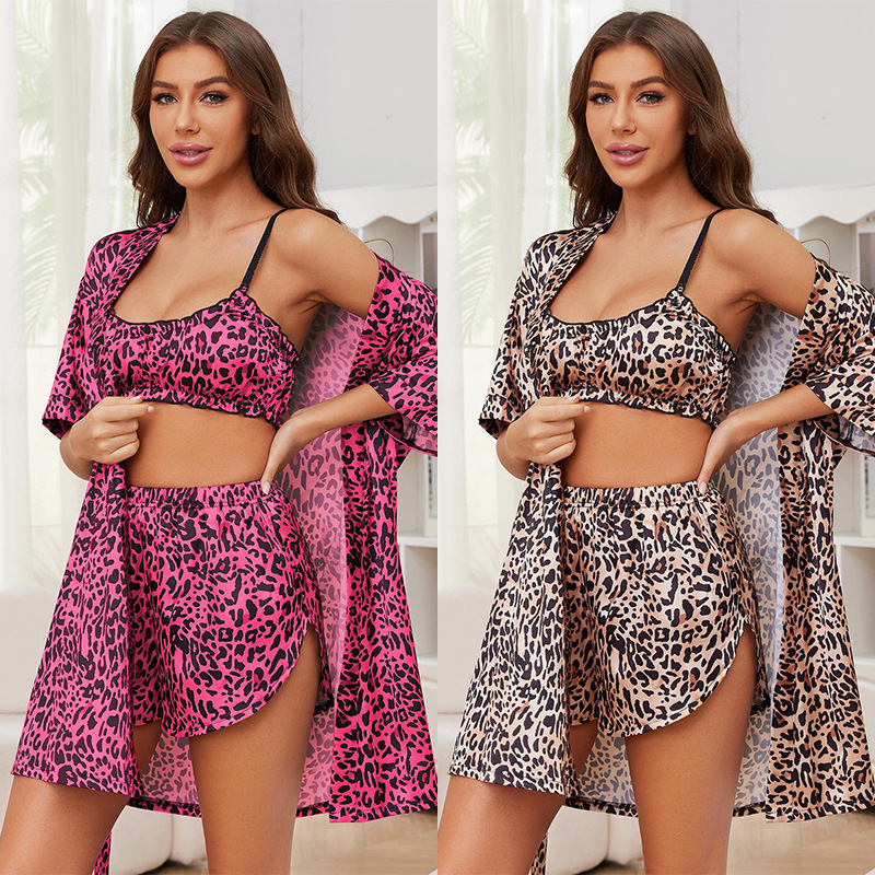 Cross-Border Leopard Print Pajamas for Women, Summer Ice Silk Sexy Lingerie, Nightgown, Shorts, Three-Piece Women's Set, Home Wear Ozon