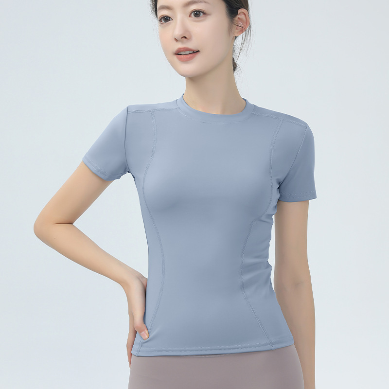 女性のヨガウェア半袖タイトフィット痩身フィットネストップヌード高弾性スポーツランニングTシャツピラティスフィットネスウェア|undefined